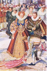 Walter Raleigh opfert seinen Mantel für Königin Elizabeth, Illustration aus Kenilworth, ca. 1910 von Henry Justice Ford