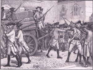 Truppen eskortieren das gestempelte Papier zum Rathaus, New York AD 1765