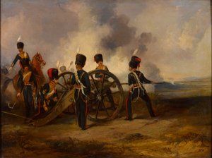Eine Geschützmannschaft der Royal Horse Artillery beim Laden, ca. 1844