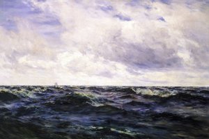 Seestück, mit einem Bootsschild links und einem Cutter in der Mitte eines Rennens rechts, beide aus großer Entfernung dargestellt