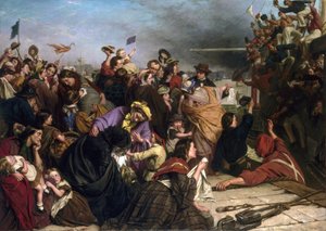 Abschied der Auswanderer, auf einem Dock an der Themse (England), Beschreibung von Gruppen von Menschen aller Altersgruppen und sozialen Klassen sowie der Matrosen in roten und blauen Hemden auf dem Boot, die der Menge zuwinken von Henry Nelson O