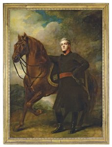 Porträt von Alexander Douglas-Hamilton, 10. Herzog von Hamilton und 7. Herzog von Brandon, ganzfigurig, in Uniform, mit seinem arabischen Pferd, in einer Landschaft
