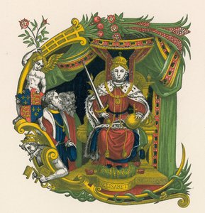 Ornamentaler Buchstabe E, mit Porträt von Königin Elisabeth I.