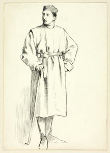 Stehender Mann mit Stock, Hand in der Hüfte