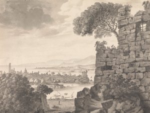 Landschaft mit Ruinen im Vordergrund, Hafen und Dorf im Hintergrund von Henry Swinburne