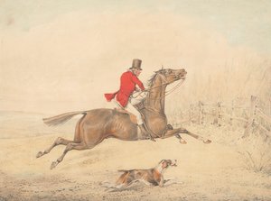 Reiter auf einem braunen Pferd, das im Begriff ist, einen Zaun zu überspringen