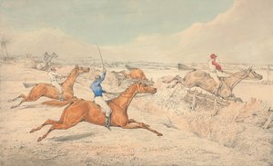 Hindernisrennen: Vier Reiter nehmen einen Graben und einen Oxer von Henry Thomas Alken