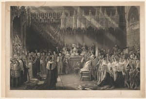 Krönung von Königin Victoria von England. Nach George Hayter, mit Adresse von Graves und Warmsby. Holzschnittskizze und Legende beigefügt