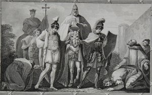 Henry und Lewis führen den Papst zur Burg von Torci, graviert von Saunders, Illustration aus David Humes 