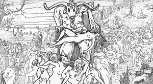 Darstellung einer Sabbatszene, die von Hexen unter dem Vorsitz von Satan versammelt wird und zu Orgien führt. Zeichnung von Henry de Malvost aus „Satanismus und Magie“ von Jules Bois 1895. Private Sammlung von Henry de Malvost