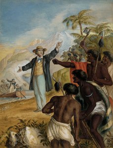 Ein schottischer Missionar, der an Land kommt und von kriegerischen Maoris konfrontiert wird, 1868 von Herbert Parsons
