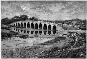 Brücke mit 17 Bögen am Kunming-See beim Sommerpalast nahe Peking im 19. Jahrhundert. Gravur nach einer Zeichnung von Catenacci, nach einem Foto von Thomson, in „Le Tour du Monde, Nouveau journal des Voyages“, herausgegeben von Edouard Charton, Paris von Hercule (after) Catenacci