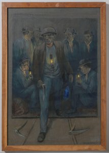 Bergleute verlassen einen Schachtkorb von Herman Heijenbrock