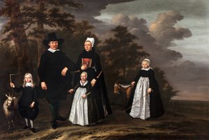 Eine Enkhuizer Familiengruppe mit zwei Ziegen in einer bewaldeten Landschaft