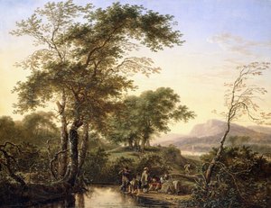Eine weite italienische Flusslandschaft mit Reisenden an einem Teich, 1646