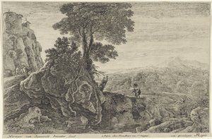 Landschaft mit einem Gebäude auf einem Felsen