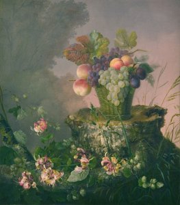 Blumenkorb mit Früchten bei einem Baumstumpf von Hermania Neergaard