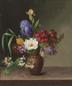 Vase im griechischen Stil mit Iris, Flieder und Geißblatt