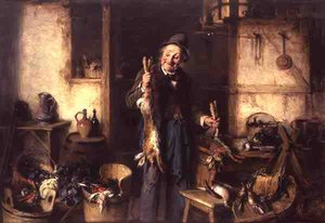Kücheninterieur mit einem Mann, der einen Hasen hält von Hermann Kern