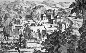 Dorf der Susquehanna-Leute, Susquehanna-Fluss (Detail) veröffentlicht als Einlage in Hermann Molls "Eine neue Karte der nördlichen Teile Amerikas, die von Frankreich beansprucht werden" 1720