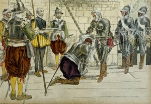 Charles II. de Cossé Brissac (1562-1621 oder 1626) wurde von Heinrich IV. (1553-1610) zum Marschall von Frankreich ernannt, bevor er am 22. März 1594 in Paris eintrat. Der Prévôt der Kaufleute Jean Lhuillier (?) steht daneben und hält die Schlüssel der Sta