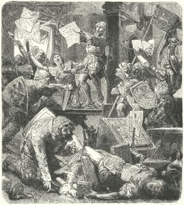 Zerstörung der Druckwerkstatt von Peter Schoffer während des Angriffs auf Mainz durch die Soldaten von Adolph II. von Nassau