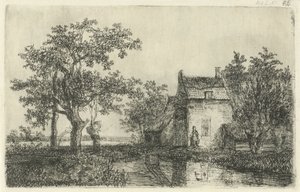 Frau mit einem Korb vor einem Bauernhaus am Wasser von Hermanus Jan Hendrik van Rijkelijkhuysen