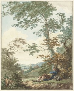 Schlafender Mann mit Hund unter einem Baum