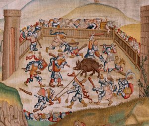 Serie Vier Wandteppiche nach Hieronymus Bosch. Heiliger Martin. Erster Wandteppich der Serie. Modell inspiriert von Hieronymus Bosch. Unbekannte Werkstatt, Brüssel. Vor 1560.