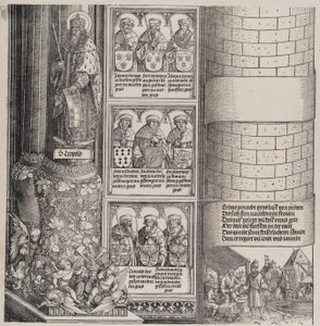 Maximilian als Architekt, mit einer Statue des Heiligen Leopold und Büsten von Maximilians Vorfahren, 1517-1518