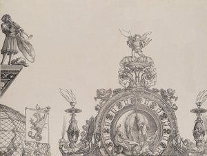 Der Gipfel des rechten Portals und ein Trompeter und Standarte vom zentralen Portal, ca. 1515