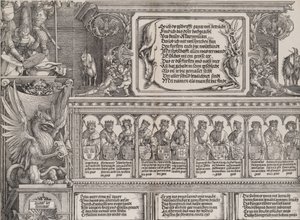 Der obere Abschnitt des rechten Portals, mit der Inschrift auf einer Hirschhaut, ein Fries mit ..., 1515 von Hieronymus Andreae