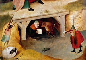 Triptychon der Versuchungen (Detail). Linke Seite: Die Flucht und der Fall des Heiligen Antonius des Großen. Gemälde von Hieronymus Bosch