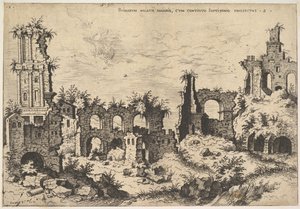 Ansicht der Ruinen auf dem Palatin-Hügel mit Trabeatenfassade links und Arkaden in der Mitte, 1550