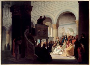 Savonarola (1452-1498) predigt in San Miniato in Florenz. Girolamo Savonarola (1452-1498), Dominikanermönch und italienischer Prediger, der Florenz von 1494 bis 1498 regierte. Gemälde von Hippolyte Flandrin (1809-1864) von Hippolyte Flandrin