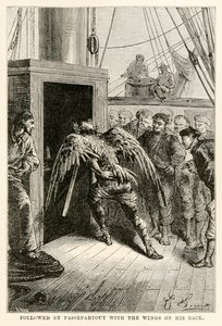 Gefolgt von Passepartout mit den Flügeln auf dem Rücken, aus In 80 Tagen um die Welt von Jules Verne (1828-1905), graviert von Adolphe François Pannemaker (1822-1900), 1873