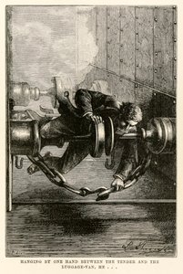 Mit einer Hand zwischen dem Tender und dem Gepäckwagen hängend, aus In 80 Tagen um die Welt von Jules Verne (1828-1905) graviert von Louis, 1873 von Hippolyte Leon after Benett