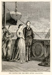 Sie zeigte ihm die lebhafteste Dankbarkeit, aus In 80 Tagen um die Welt von Jules Verne (1828-1905) graviert von Henri-Théophile Hildebrand (1824-97), 1873 von Hippolyte Leon after Benett