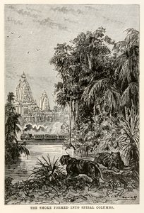 Der Rauch bildete sich in spiralförmige Säulen, aus In 80 Tagen um die Welt von Jules Verne, 1873 von Hippolyte Leon after Benett