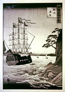 Ein schwarzes (europäisches) Schiff an der Küste von Tsushima von Hiroshige II