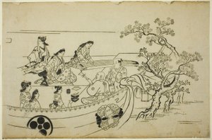 Blumenbetrachtungsparty mit Wappen-Vorhang, aus der Serie "Blumenbetrachtung in Ueno (Ueno hanami no tei)" von Hishikawa Moronobu