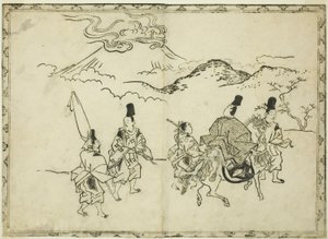 Narihiras Reise in den Osten, aus dem illustrierten Buch "Panorama der Gemälde auf Paravents und Hängerollen (Byobu kakemono ekagami)"