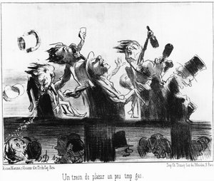 Ein lustiger Zug, ein wenig zu fröhlich: aus „Les trains de Plaisir“, Serie von Karikaturen über die Eisenbahnen von Honore Daumier (1808-1879). „Charivari“ von Honoré Daumier