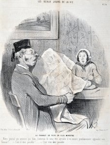 Werk von Honore Daumier: Serie THE BEAUTY DAYS OF LIFE. Das zunehmend monströse Format „Unsere Zeitung kündigt an, dass sie, um Ihnen angenehm zu sein, bald ihr Format weiter vergrößern wird! Ist das möglich, Gott?“