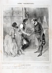 Werk von Honore Daumier (1843): Serie SCENES PARLIAMENTARY. Der Wahlbesuch