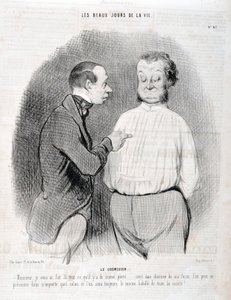 Werk von Honore Daumier (1808-1879). Charivari stammt aus dem Jahr 1845: Serie LES BEAUX DAYS DE LA VIE. Die Bluse - Herr, ich habe Ihnen das beste Kleidungsstück gemacht... mit einem Hemd auf meine Weise können Sie sich in jedem Wohnzimmer präsentieren un
