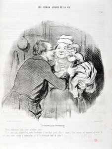 Charivari von 1848: Serie Les beaux jours de la vie. Der Besuch bei der Amme - Lass uns Papa küssen, kleines Kind Liebling - Er will heute nicht, aber normalerweise... MUSEUM OF FINE ARTS - PALACE LONGCHAMP, MARSEILLE von Honoré Daumier