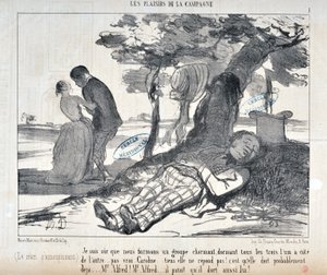 Werk von Honore Daumier (1853): Serie LES PLAISIRS DE LA CAMPAGNE „Ich bin sicher, wir bilden eine charmante Gruppe, alle drei zusammen... nicht wahr, Caroline... oh, sie antwortet nicht! Sie ist wahrscheinlich schon eingeschlafen“