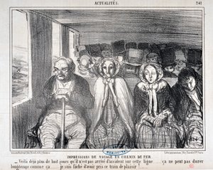 Werk von Honore Daumier (1808-1879) Charivari aus dem Jahr 1855: Serie Actualites de voyage en railroad - „Hier ist mehr als acht Tage, dass es keinen Unfall auf dieser Strecke gegeben hat... es kann nicht lange so bleiben... Es tut mir leid, diesen Zug ge von Honoré Daumier