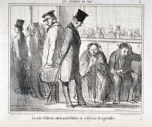 Werk von Honore Daumier (1808-1879). Charivari stammt aus dem Jahr 1855: Serie LES Chemins de fer - Der Warteraum oder das Viertelstunde der unangenehmen Reflexionen. MUSEE DES BEAUX ARTS - PALAIS LONGCHAMP, MARSEILLE von Honoré Daumier